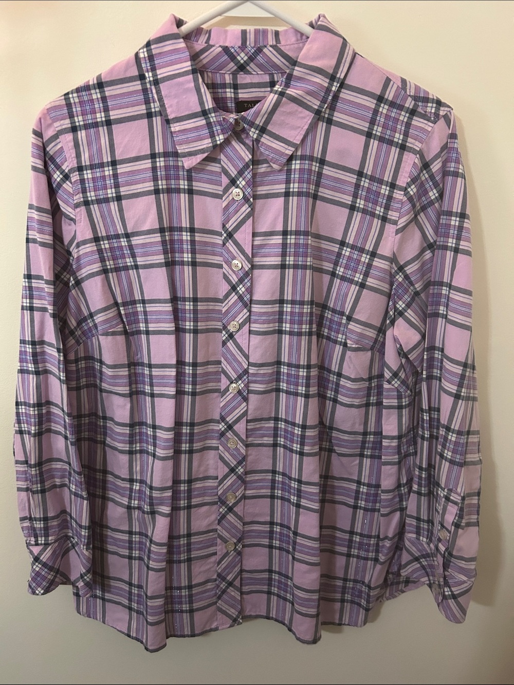 Talbots Lilac Purple Plaid Metallic Button Down Shirt Blouse 1X Petite EUC